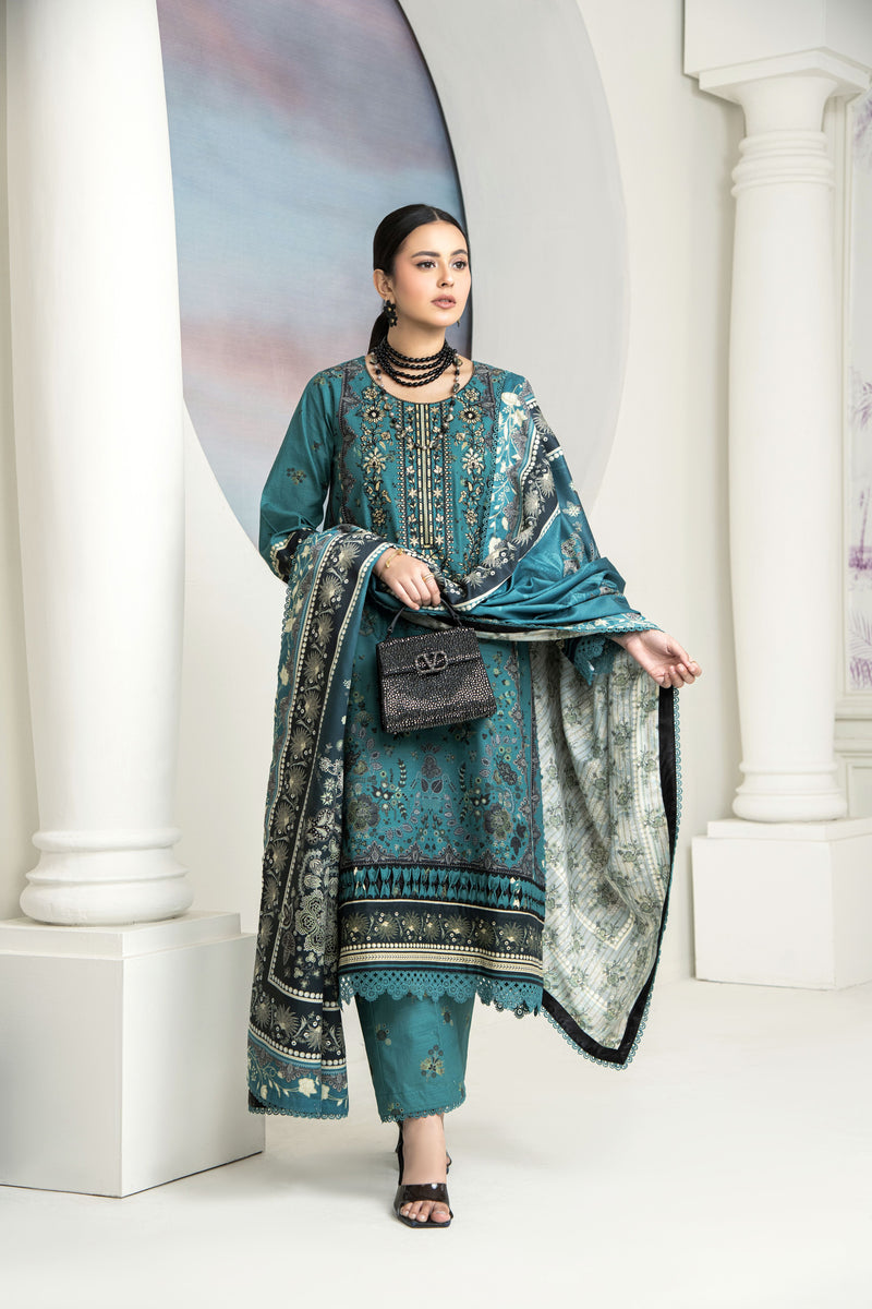 Turquoise Digital Printed Embroidered Khaddar Winter Suit SKK8