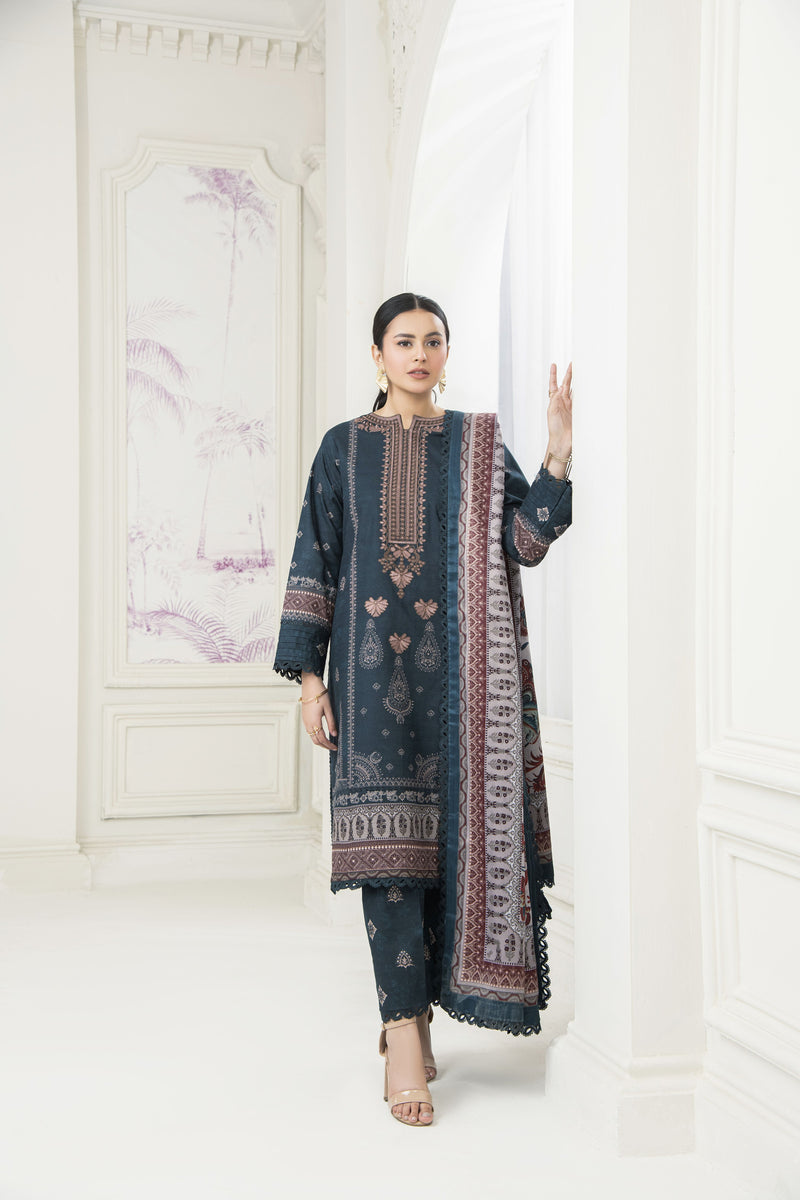 Mist Blue Digital Printed Embroidered Khaddar Winter Suit SKK10