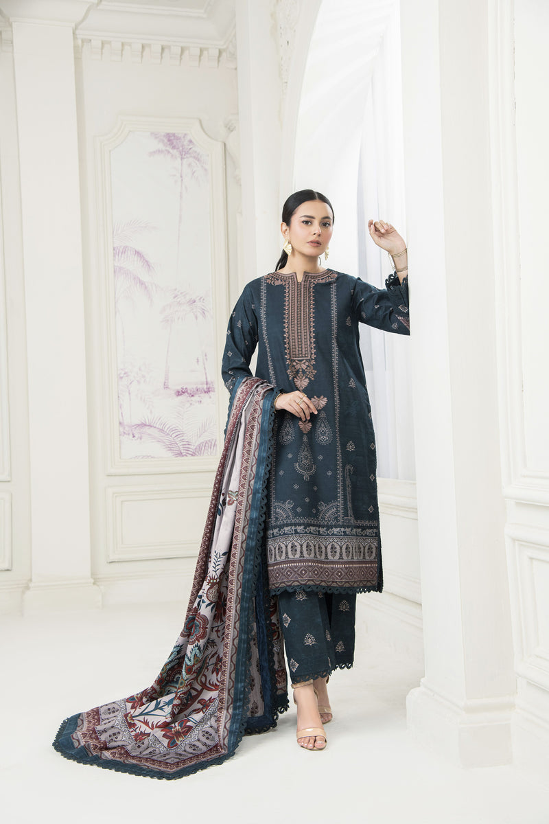 Mist Blue Digital Printed Embroidered Khaddar Winter Suit SKK10