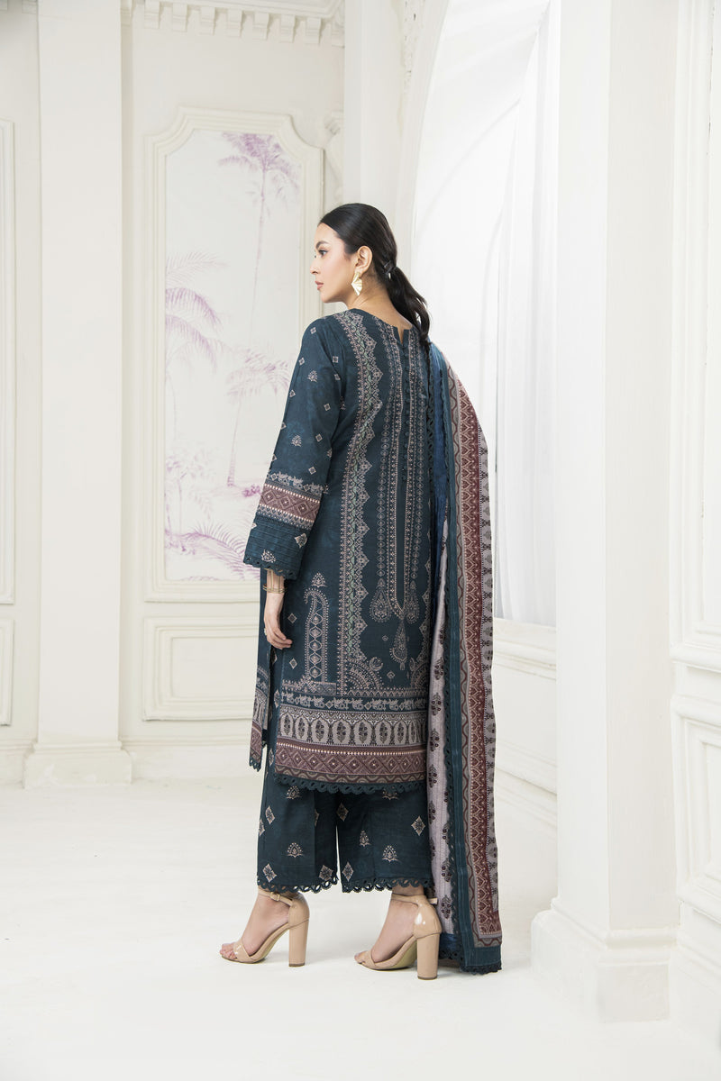 Mist Blue Digital Printed Embroidered Khaddar Winter Suit SKK10