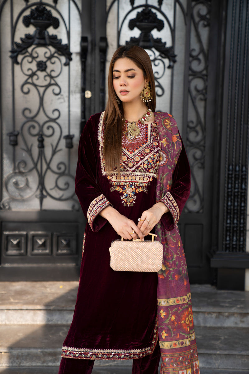 VOGUE VISTAS VELVET EMBROIDERED DRESS BY ZAIWA ZB9