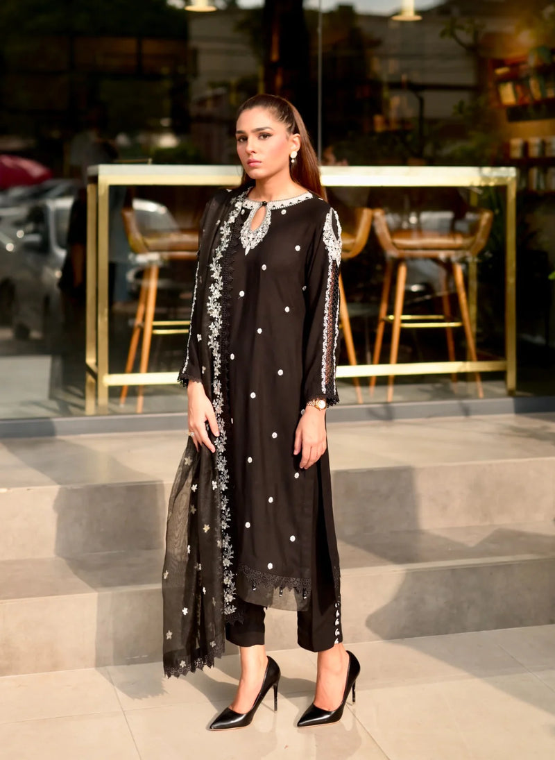 3PC KARANDI EMBROIDERED BLACK DRESS BY MONA AX