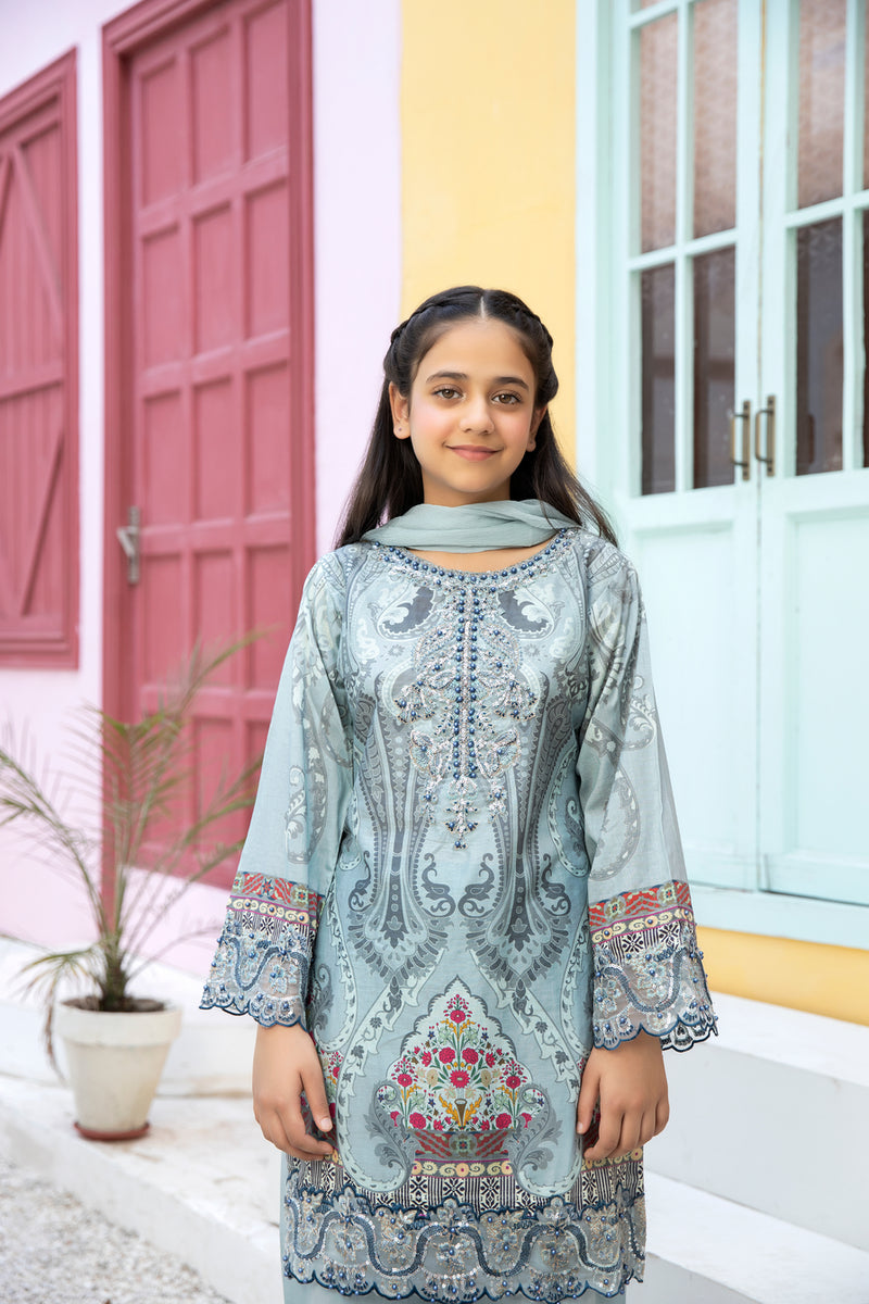 Kids Ready To Wear 3 Pcs Embroidered Lawn Collection by Mona 02