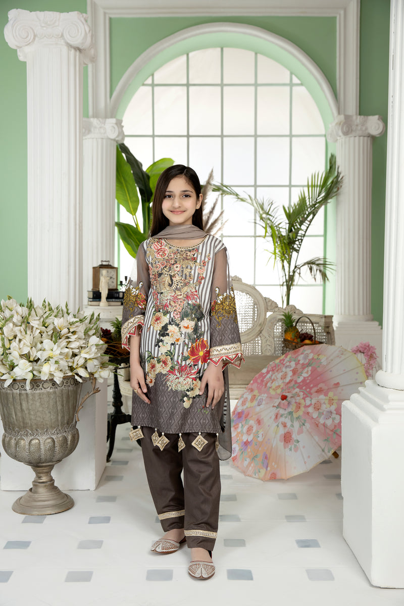 Kids Ready To Wear 3 Pcs Embroidered Lawn Collection by Mona 09