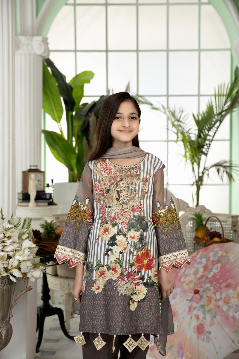 Kids Ready To Wear 3 Pcs Embroidered Lawn Collection by Mona 09