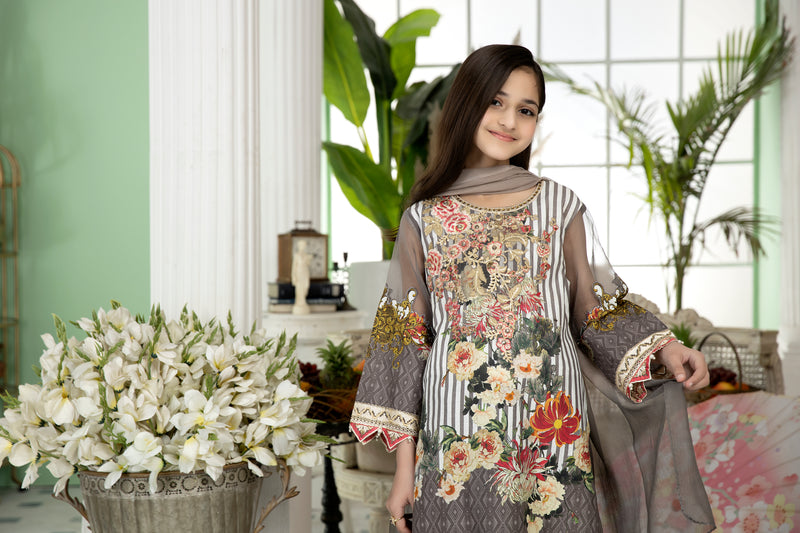 Kids Ready To Wear 3 Pcs Embroidered Lawn Collection by Mona 09