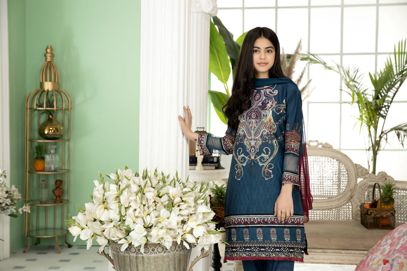 Kids Ready To Wear 3 Pcs Embroidered Lawn Collection by Mona 05